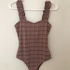 Wild Honey Plaid Bodysuit. Ruched Tank Top Sleeves.